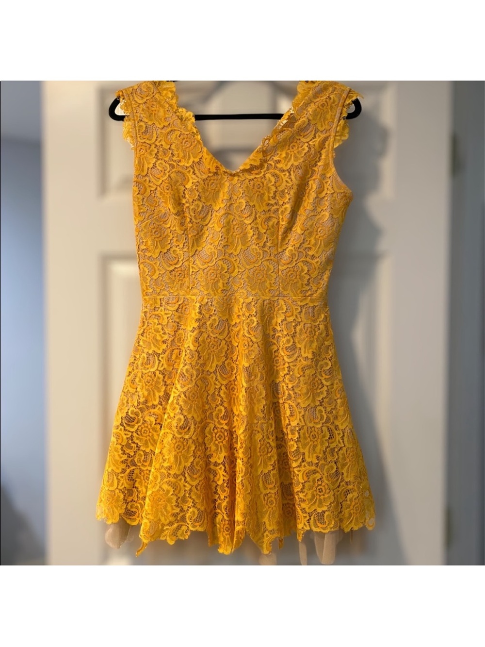 Yellow Lace V-Neck Fit & Flare Dress